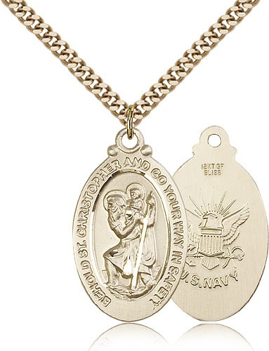 St. Christopher Navy Medal, Gold Filled - 24" 2.4mm Gold Plated Endless Chain
