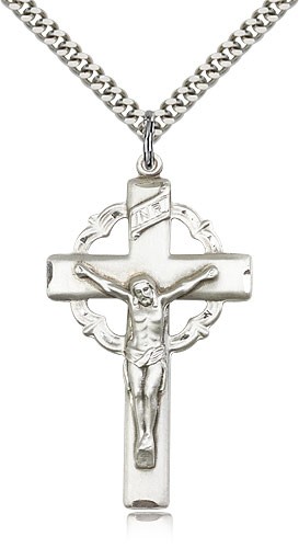 Crucifix Pendant, Sterling Silver - 24" 2.4mm Rhodium Plate Endless Chain