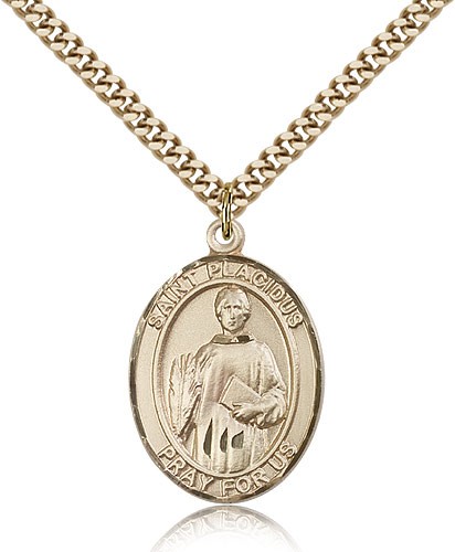 St. Placidus Medal, Gold Filled, Large - 24" 2.4mm Gold Plated Chain + Clasp