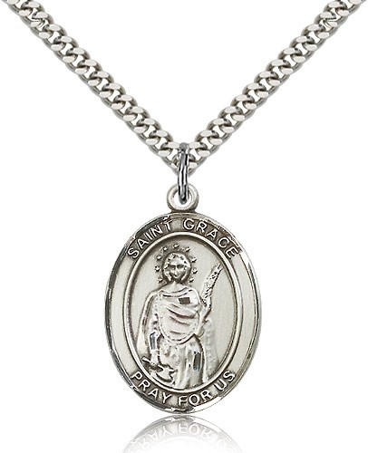 St. Grace Medal, Sterling Silver, Large - 24" 2.4mm Rhodium Plate Chain + Clasp