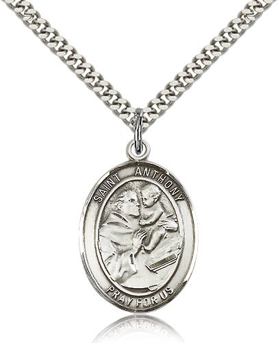 St. Anthony of Padua Medal, Sterling Silver, Large - 24" 2.4mm Rhodium Plate Chain + Clasp