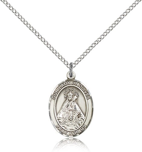Our Lady of Olives Medal, Sterling Silver, Medium - 18" 1.2mm Sterling Silver Chain + Clasp