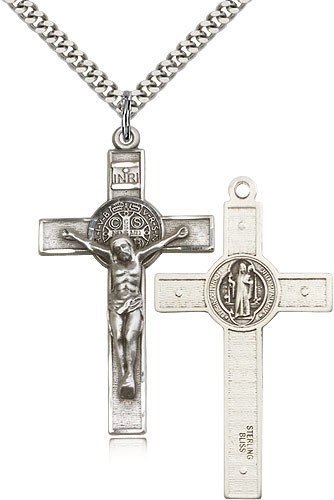 St. Benedict Crucifix Pendant, Sterling Silver - 24" 2.4mm Rhodium Plate Endless Chain