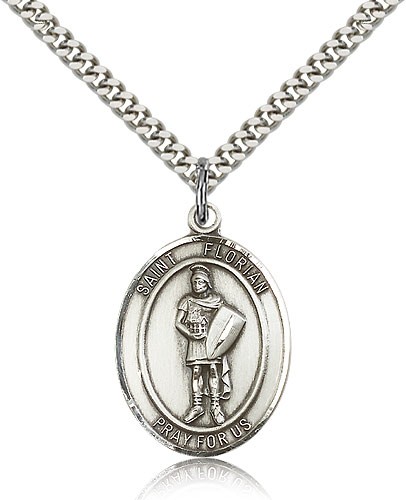St. Florian Medal, Sterling Silver, Large - 24" 2.4mm Rhodium Plate Chain + Clasp