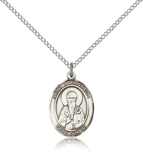St. Athanasius Medal, Sterling Silver, Medium - 18" 1.2mm Sterling Silver Chain + Clasp
