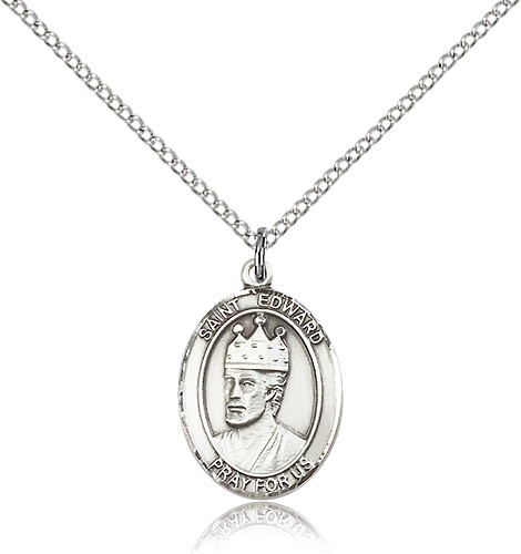 St. Edward the Confessor Medal, Sterling Silver, Medium - 18" 1.2mm Sterling Silver Chain + Clasp