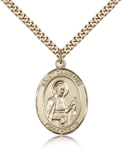 St. Camillus of Lellis Medal, Gold Filled, Large - 24" 2.4mm Gold Plated Chain + Clasp