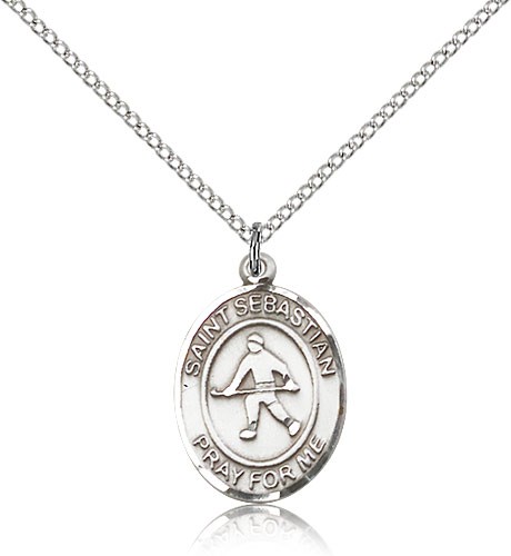 St. Sebastian Field Hockey Medal, Sterling Silver, Medium - 18" 1.2mm Sterling Silver Chain + Clasp