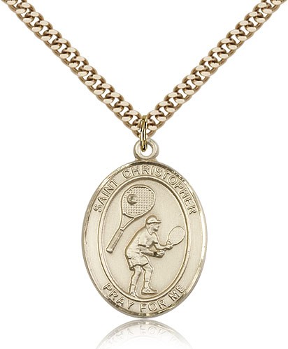 St. Christopher Tennis Medal, Gold Filled, Large - 24" 2.4mm Gold Plated Chain + Clasp