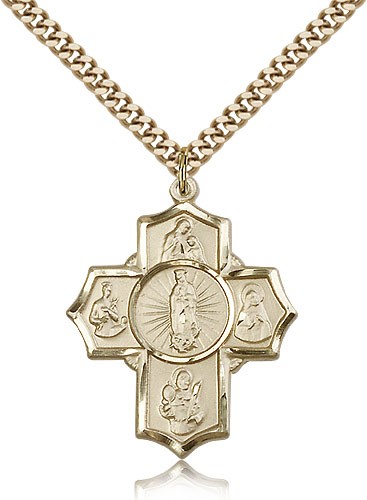 5 Way Cross Motherhood Medal, Gold Filled - 24" 2.4mm Gold Plated Endless Chain