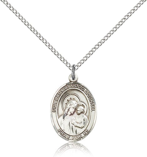 Our Lady of Good Counsel Medal, Sterling Silver, Medium - 18" 1.2mm Sterling Silver Chain + Clasp