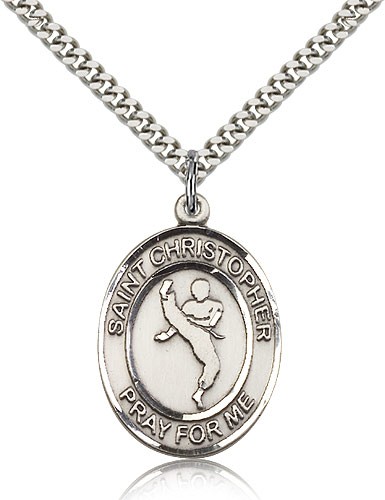 St. Christopher Martial Arts Medal, Sterling Silver, Large - 24" 2.4mm Rhodium Plate Chain + Clasp