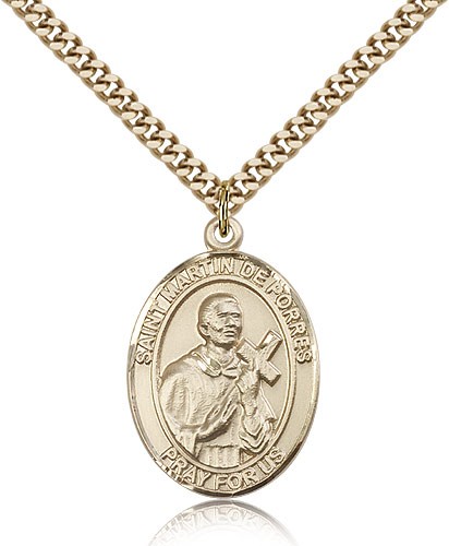 St. Martin De Porres Medal, Gold Filled, Large - 24" 2.4mm Gold Plated Chain + Clasp