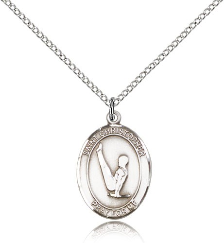 St. Christopher Gymnastics Medal, Sterling Silver, Medium - 18" 1.2mm Sterling Silver Chain + Clasp