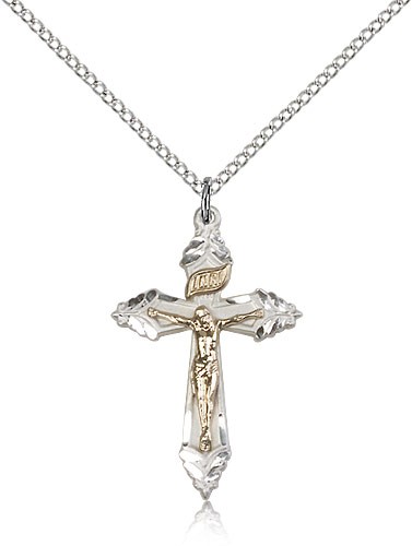 Crucifix Pendant, Two-Tone - 18" 1.2mm Sterling Silver Chain + Clasp