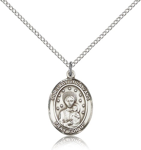 Our Lady of La Vang Medal, Sterling Silver, Medium - 18" 1.2mm Sterling Silver Chain + Clasp