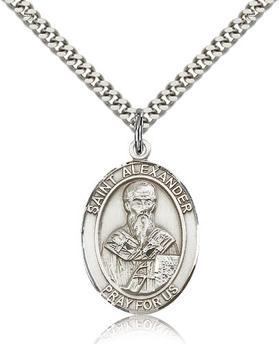 St. Alexander Sauli Medal, Sterling Silver, Large - 24" 2.4mm Rhodium Plate Chain + Clasp