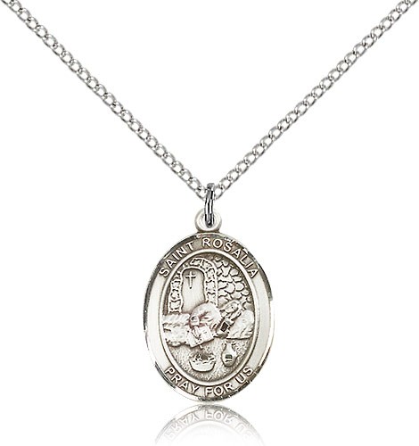 St. Rosalia Medal, Sterling Silver, Medium - 18" 1.2mm Sterling Silver Chain + Clasp