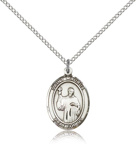 St. Maurus Medal, Sterling Silver, Medium - 18" 1.2mm Sterling Silver Chain + Clasp