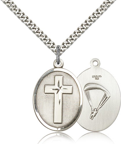 Paratrooper Cross Pendant, Sterling Silver - 24" 2.4mm Rhodium Plate Endless Chain