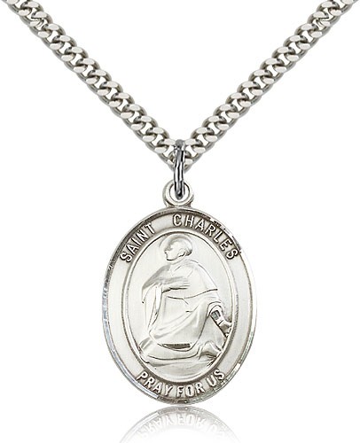 St. Charles Borromeo Medal, Sterling Silver, Large - 24" 2.4mm Rhodium Plate Chain + Clasp