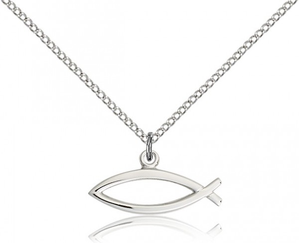 Fish Medal, Sterling Silver - 18" 1.2mm Sterling Silver Chain + Clasp