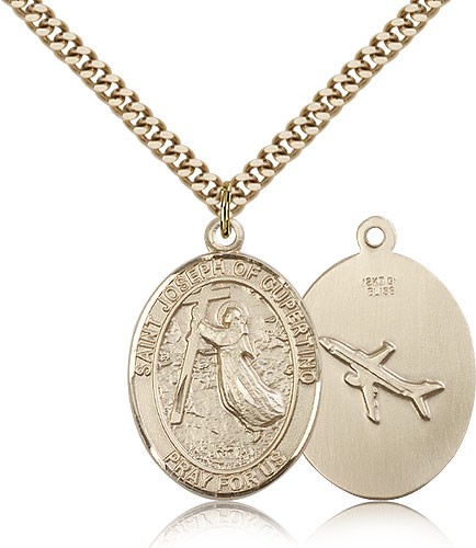St. Joseph of Cupertino Medal, Gold Filled, Large - 24" 2.4mm Gold Plated Chain + Clasp