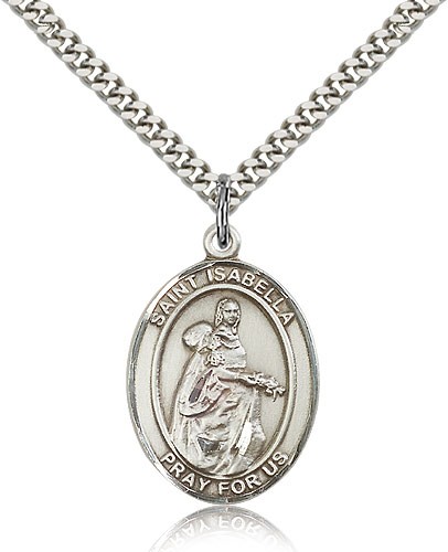 St. Isabella of Portugal Medal, Sterling Silver, Large - 24" 2.4mm Rhodium Plate Chain + Clasp