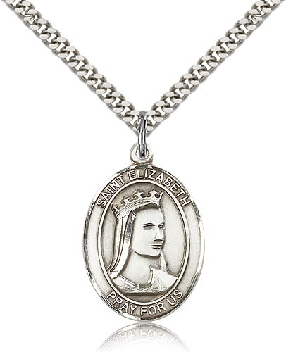 St. Elizabeth of Hungary Medal, Sterling Silver, Large - 24" 2.4mm Rhodium Plate Chain + Clasp