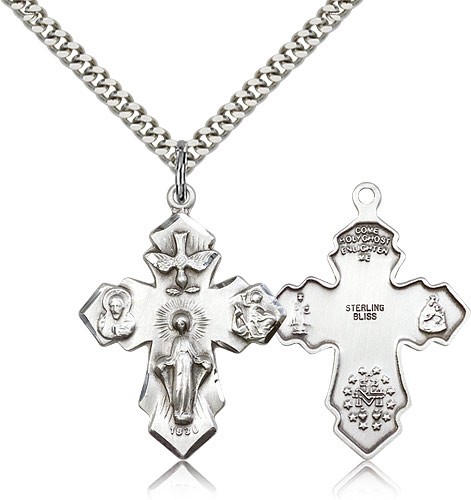 4 Way Cross Pendant, Sterling Silver - 24" 2.4mm Rhodium Plate Endless Chain