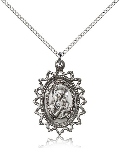 Our Lady of Perpetual Help Medal, Sterling Silver - 18" 1.2mm Sterling Silver Chain + Clasp