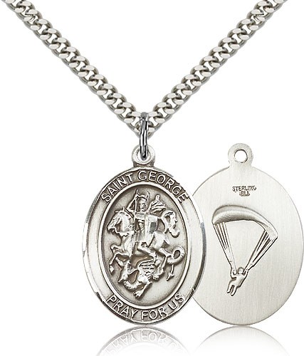 St. George Paratrooper Medal, Sterling Silver, Large - 24" 2.4mm Rhodium Plate Chain + Clasp
