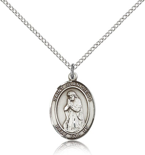 St. Juan Diego Medal, Sterling Silver, Medium - 18" 1.2mm Sterling Silver Chain + Clasp