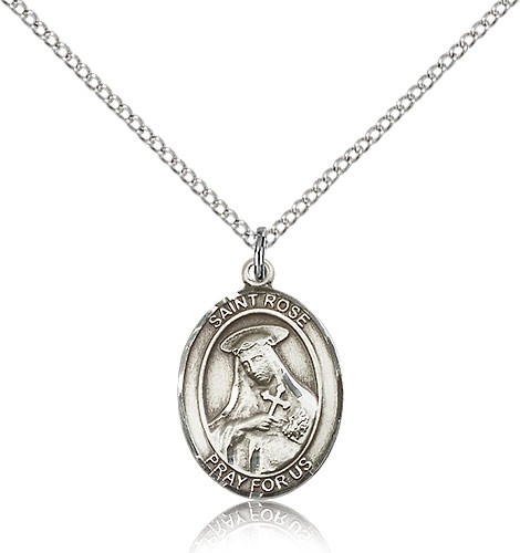 St. Rose of Lima Medal, Sterling Silver, Medium - 18" 1.2mm Sterling Silver Chain + Clasp
