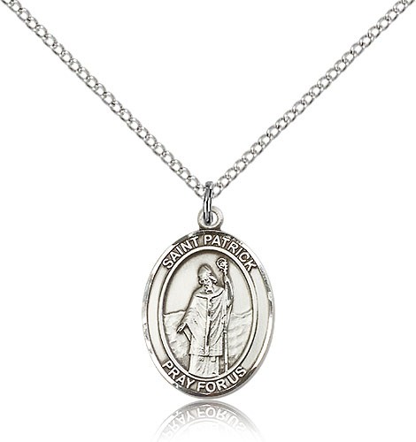 St. Patrick Medal, Sterling Silver, Medium - 18" 1.2mm Sterling Silver Chain + Clasp