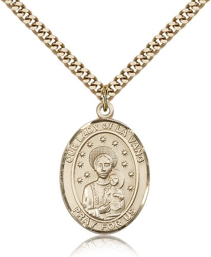 Our Lady of La Vang Medal, Gold Filled, Large - 24" 2.4mm Gold Plated Chain + Clasp