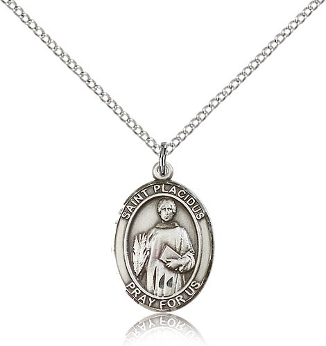 St. Placidus Medal, Sterling Silver, Medium - 18" 1.2mm Sterling Silver Chain + Clasp