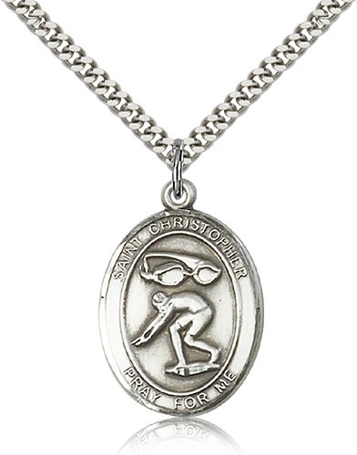 St. Christopher Swimming Medal, Sterling Silver, Large - 24" 2.4mm Rhodium Plate Chain + Clasp