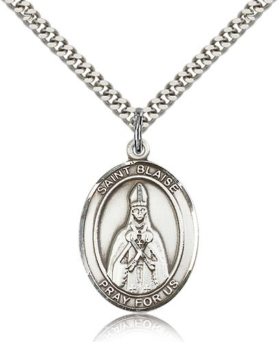 St. Blaise Medal, Sterling Silver, Large - 24" 2.4mm Rhodium Plate Chain + Clasp