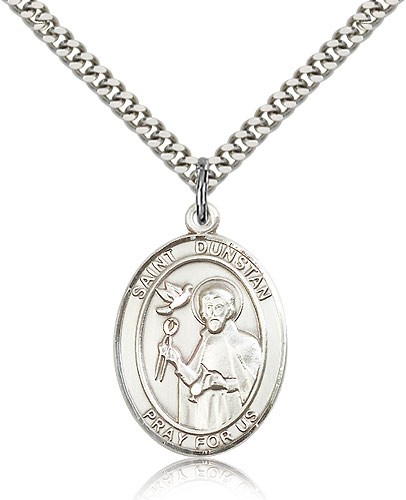 St. Dunstan Medal, Sterling Silver, Large - 24" 2.4mm Rhodium Plate Chain + Clasp