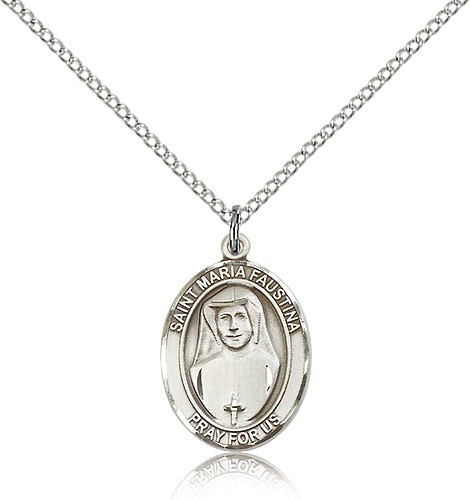 St. Maria Faustina Medal, Sterling Silver, Medium - 18" 1.2mm Sterling Silver Chain + Clasp