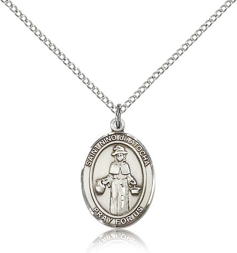 St. Nino De Atocha Medal, Sterling Silver, Medium - 18" 1.2mm Sterling Silver Chain + Clasp