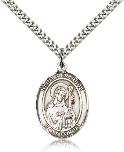 St. Gertrude of Nivelles Medal, Sterling Silver, Large - 24" 2.4mm Rhodium Plate Chain + Clasp