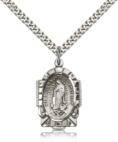 Our Lady of Guadalupe Medal, Sterling Silver - 24" 2.4mm Rhodium Plate Endless Chain