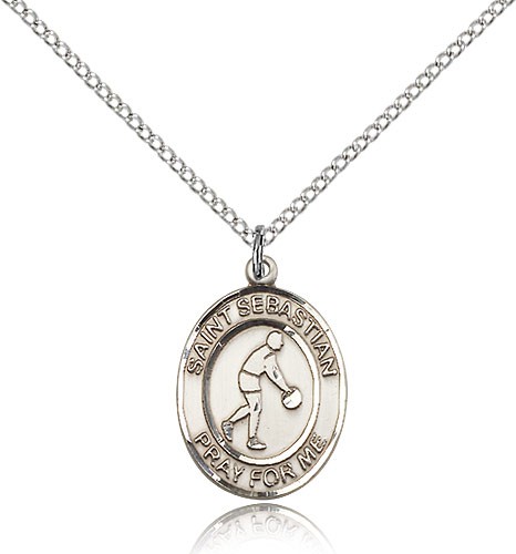 St. Sebastian Basketball Medal, Sterling Silver, Medium - 18" 1.2mm Sterling Silver Chain + Clasp
