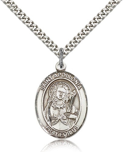 St. Apollonia Medal, Sterling Silver, Large - 24" 2.4mm Rhodium Plate Chain + Clasp