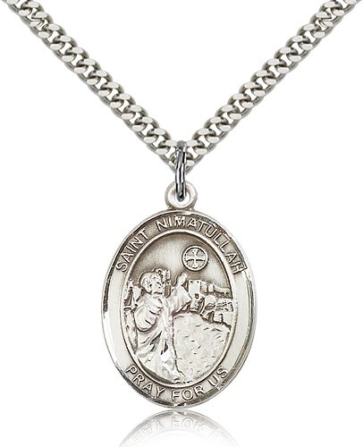 St. Nimatullah Medal, Sterling Silver, Large - 24" 2.4mm Rhodium Plate Chain + Clasp