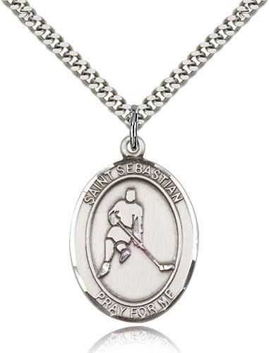 St. Sebastian Field Hockey Medal, Sterling Silver, Large - 24" 2.4mm Rhodium Plate Chain + Clasp