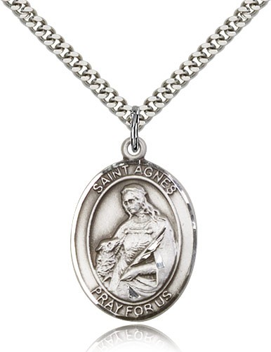 St. Agnes of Rome Medal, Sterling Silver, Large - 24" 2.4mm Rhodium Plate Chain + Clasp