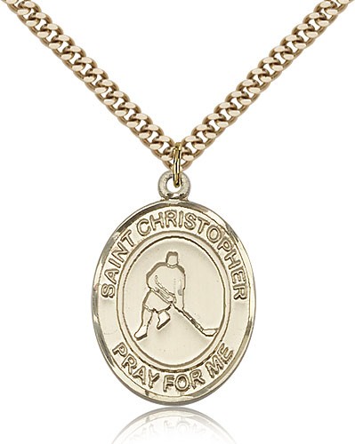 St. Christopher Ice Hockey Medal, Gold Filled, Large - 24" 2.4mm Gold Plated Chain + Clasp